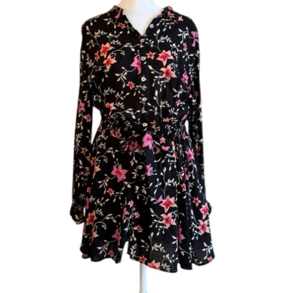 Free People Black Mini Dress Floral Button Front Long Sleeve S - Picture 1 of 9